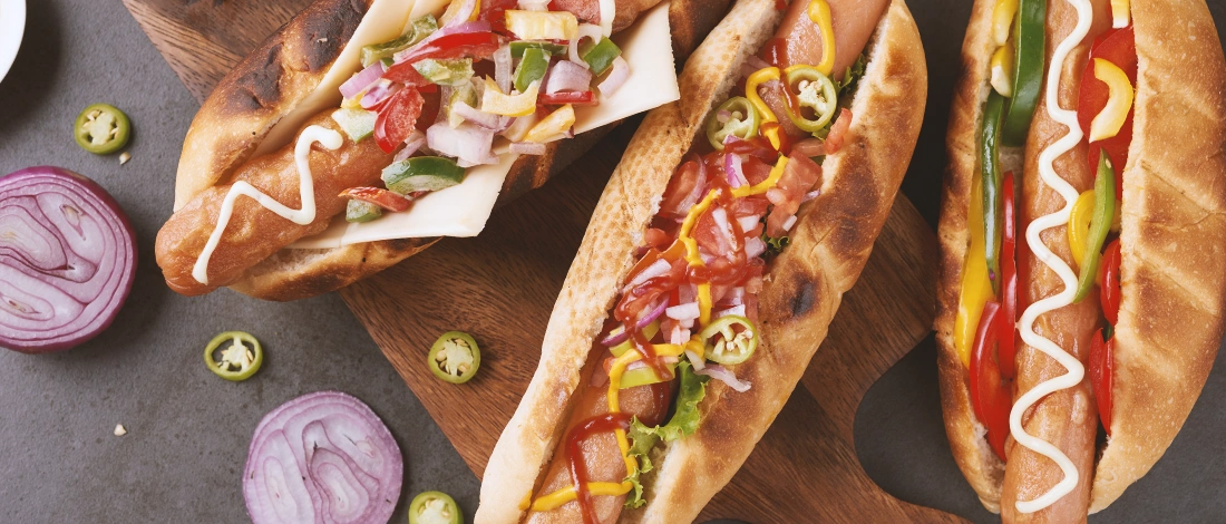 Three hotdog sandwiches