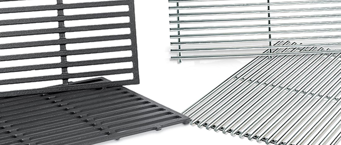 A stainless steel and a cast iron grill grates on a white background