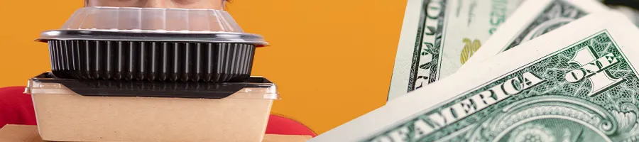 Holding food meal and close up dollar bill