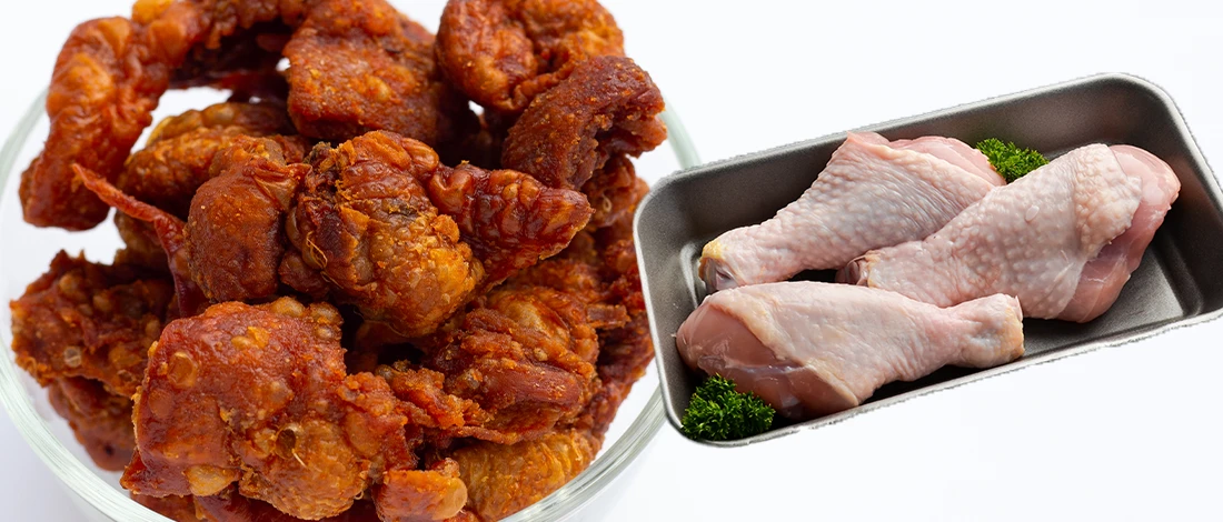 Crispy Chicken and Raw chicken on white background