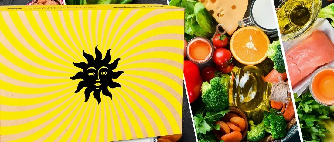 Box of food with vegetable background