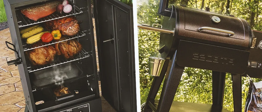 A gas smoker and a pellet smoker side by side