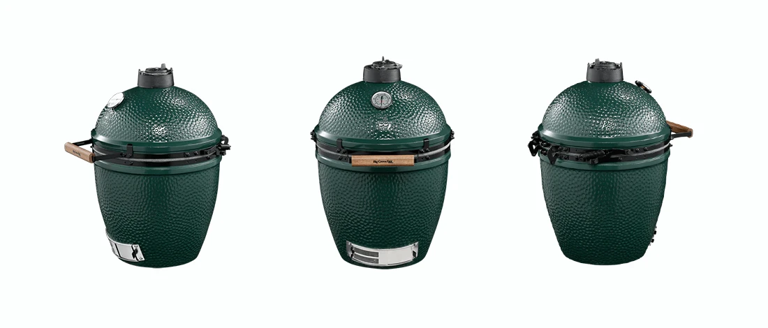 Three different angles of Big Green Egg smoker