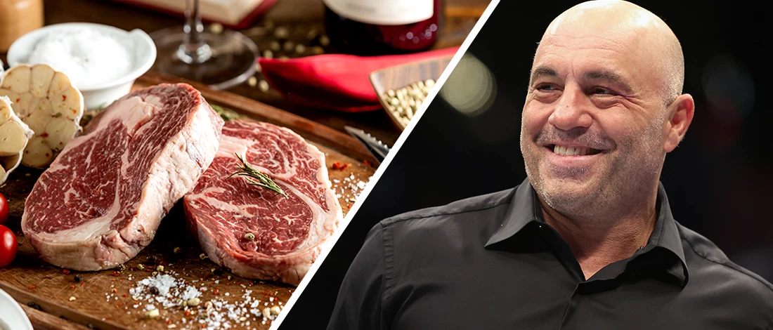 An image of Joe Rogan and raw steak