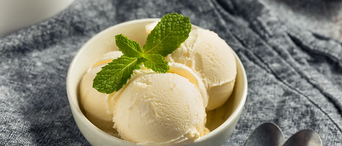 Image of vanilla ice cream in a white bowl and gray tablecloth