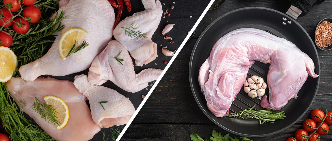 A comparison image of rabbit and chicken meat