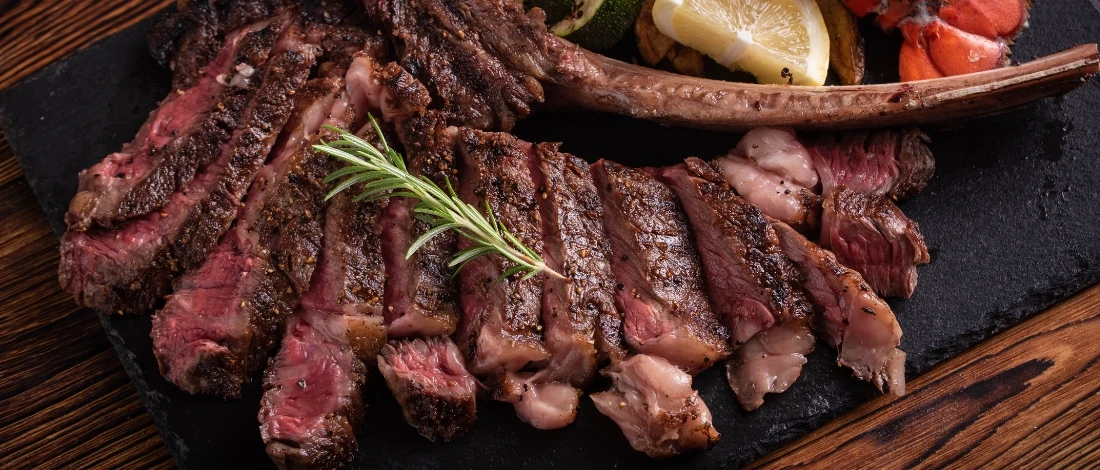 A delicious sliced Bison Ribeye Steak